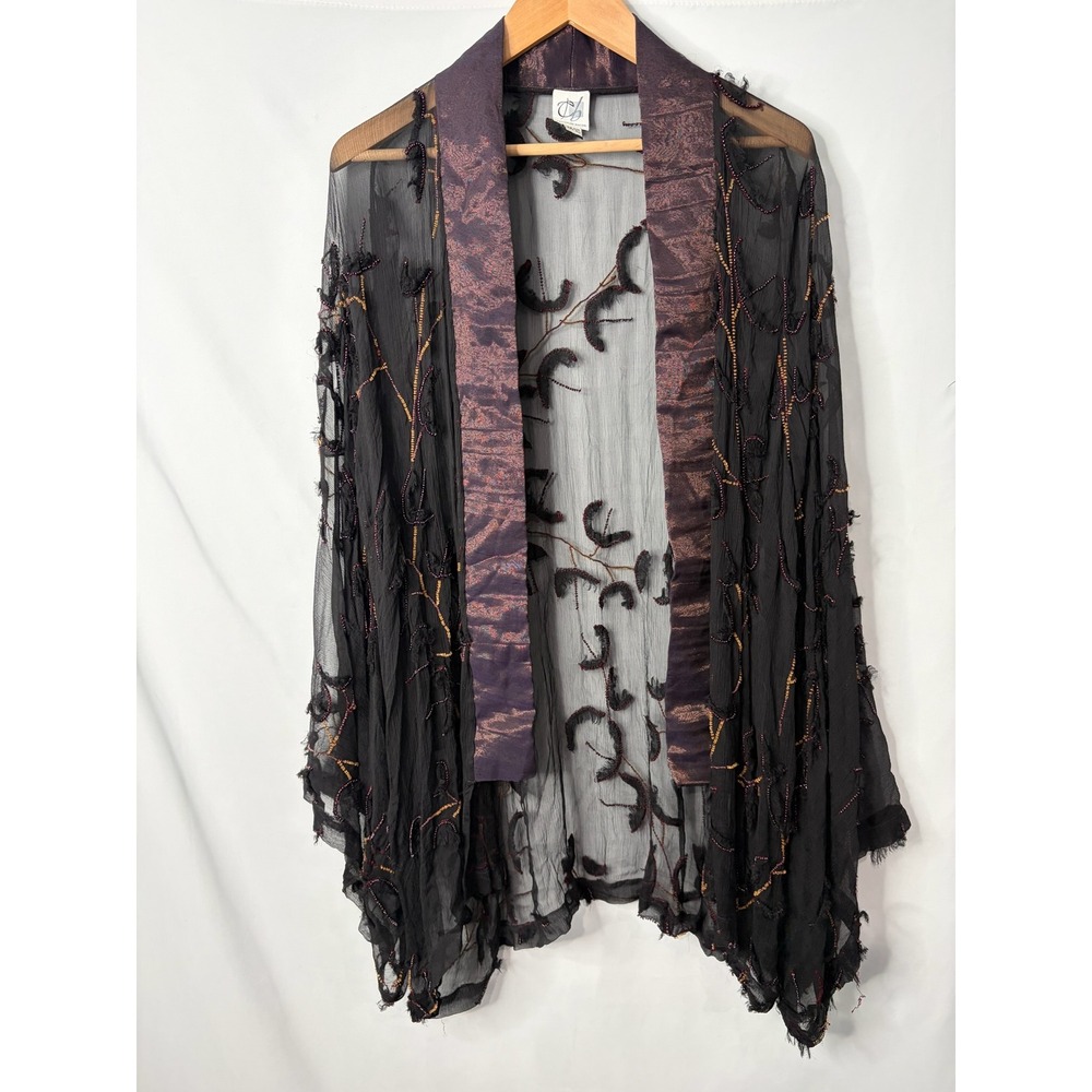 Catherine Bacon Silk Kimono Jacket Embroidered Sheer Black Plum O/S Whimsigoth